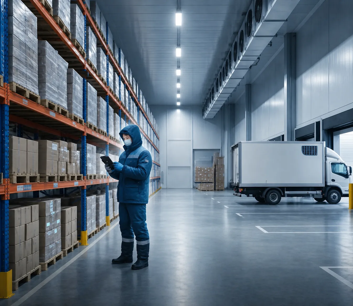Cold-storage facility with pallet racks, a worker, and a refrigerated truck in the loading zone.