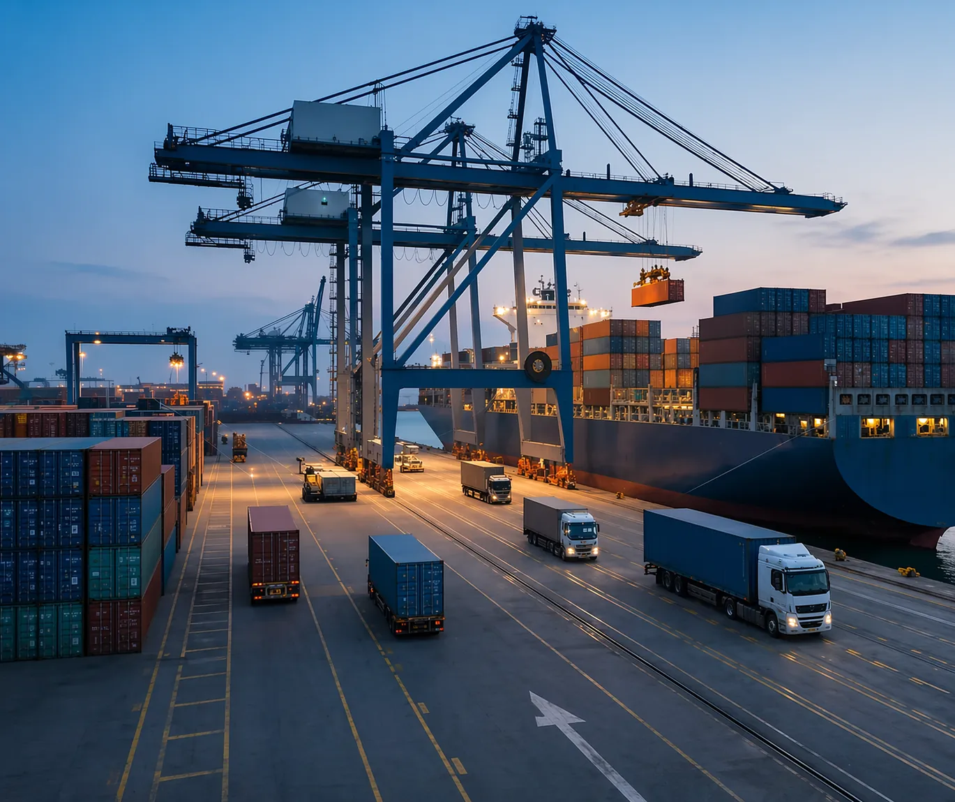 Puerto de distribución con contenedores, camiones y buques de carga