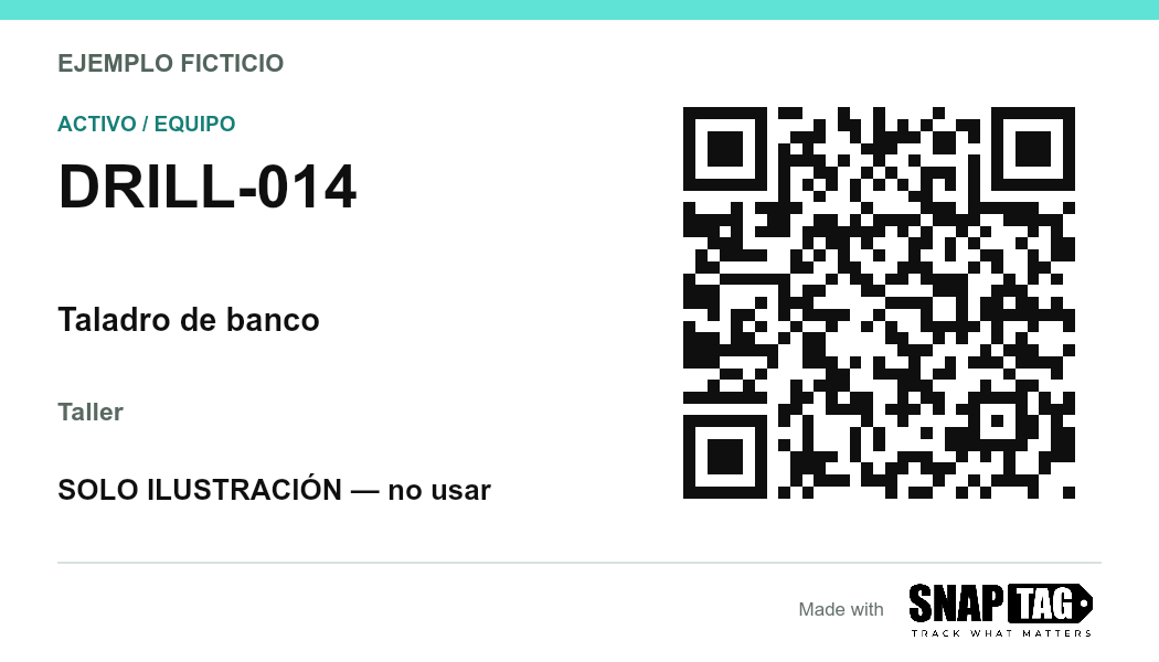 Etiqueta compacta ficticia DRILL-014 con aviso de uso solo ilustrativo