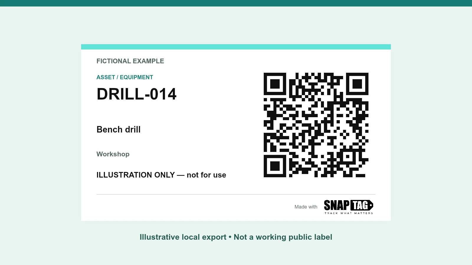 Fictional equipment QR label rendered by the local SNAPTAG tool; illustration only