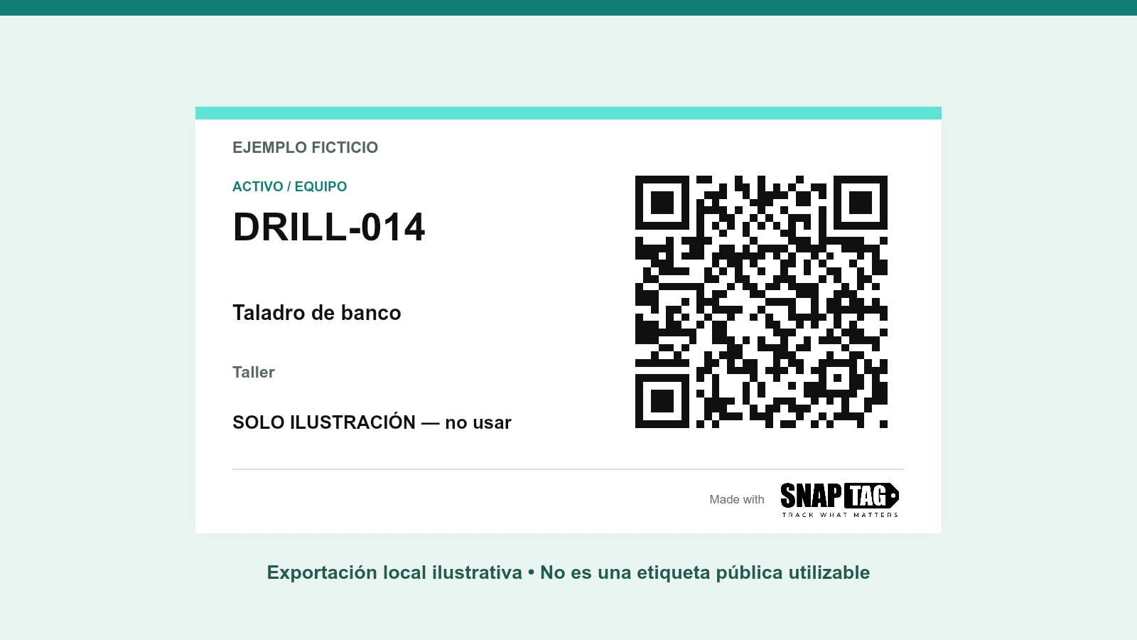 Etiqueta QR ficticia creada con el generador local de SNAPTAG; solo ilustración